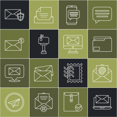 Set line Laptop with envelope, Mail and e-mail, Document folder, Chat messages notification on phone, box, Envelope, shield and Monitor icon. Vector