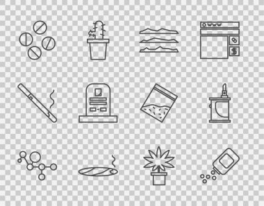 Set line Cannabis molecule, Medicine bottle and pills, Cocaine or heroin drug, Cigar with smoke, tablet, Tombstone RIP written, Marijuana cannabis plant pot and Electronic cigarette icon. Vector