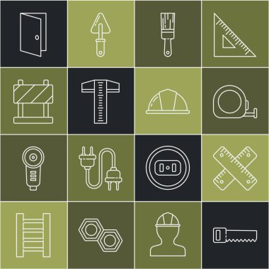 Set line Hand saw, Crossed ruler, Roulette construction, Paint brush, T-square line, Road barrier, Closed door and Worker safety helmet icon. Vector