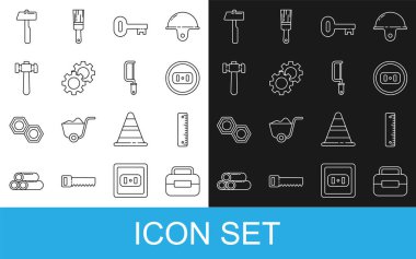Set line Toolbox, Ruler, Electrical outlet, Old key, Gear, Hammer,  and Hacksaw icon. Vector