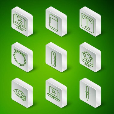 Set line Pipette, Laptop and cursor, Computer monitor, Ruler, Circle with Bezier curve, Eraser rubber, Red eye effect and gear icon. Vector