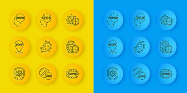 Set line Shield protecting from virus, Corona 2019-nCoV on location, Virus, covid-19,  and High human body temperature icon. Vector