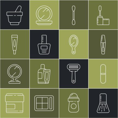 Set line Makeup brush, Nail file, Mascara, Cotton swab for ears, polish bottle, Cream lotion cosmetic tube, Mortar and pestle and Hand mirror icon. Vector