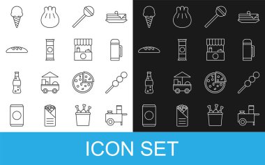 Set line Fast street food cart, Meatballs on wooden stick, Thermos container, Lollipop, Chocolate bar, Bread loaf, Ice cream waffle cone and Street stall with awning icon. Vector