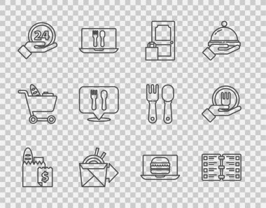 Set line Online ordering and delivery, Restaurant cafe menu, noodles, Clock 24 hours, Cafe restaurant location, burger and  icon. Vector