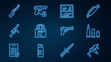 Set line MP9I submachine gun, Bullet, Hunting shop weapon, Buying pistol, Tommy, Desert eagle and  icon. Vector