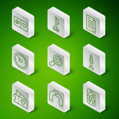 Set line Dating app online, Love magnet, Valentines day party flyer, Search heart and love, Clock with, Key shape, ticket and Burning candle icon. Vector