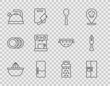 Set line Citrus fruit juicer, Refrigerator, Spoon, Kettle with handle, Coffee machine, Grater and Blender icon. Vector
