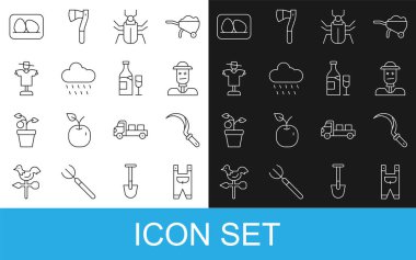 Set line Garden worker clothes, Sickle, Scarecrow, Insect fly, Cloud with rain, Chicken egg and Wine bottle glass icon. Vector