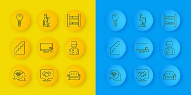 Set line Wi-Fi wireless internet, Stairs, Smart Tv, Sofa, Concierge, Hotel door lock key, room bed and Champagne bottle with glass icon. Vector