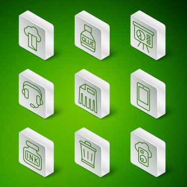 Set line Cloud database, Trash can, Paper shredder, Headphones, Glue, Inkwell and Mobile icon. Vector