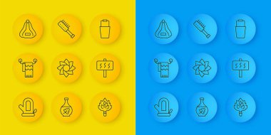 Set line Sauna mitten, Towel on hanger, Flower, broom, hat, bucket and brush icon. Vector