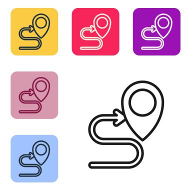 Siyah çizgi rota simgesi beyaz arkaplanda izole edildi. Harita işaretçisi işareti. Yol ya da yol kavramı. GPS navigatörü. Renkli kare düğmelerle simgeleri ayarla. Vektör.