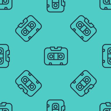 Black line Retro audio cassette tape icon isolated seamless pattern on green background.  Vector.