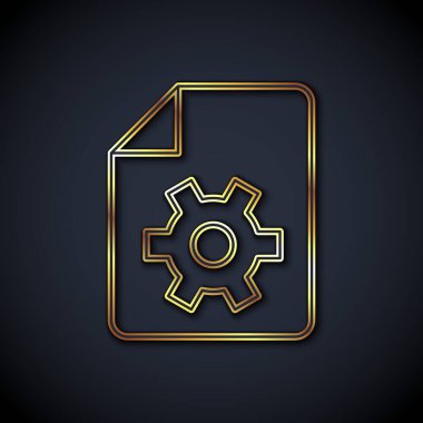 Siyah arkaplanda izole edilmiş dişli simgesi olan altın çizgi Belge ayarları. Yazılım güncellemesi, transfer protokolü, takım çalışması araç yönetimi. Vektör