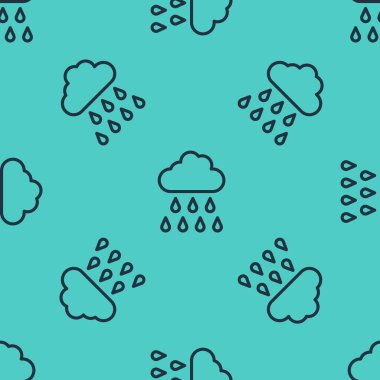 Yağmur ikonlu kara çizgi bulutu yeşil arka planda izole edilmiş pürüzsüz desen. Yağmur damlaları ile yağmur bulutu yağışı. Vektör