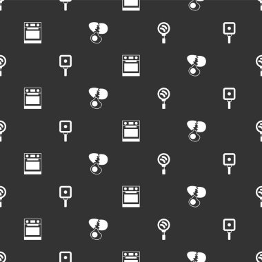 Set Frying pan, , Oven and Broken egg on seamless pattern. Vector