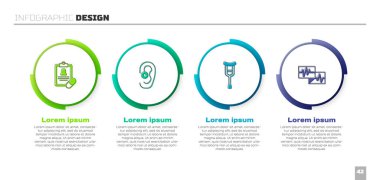Set Medical prescription, Hearing aid, Crutch or crutches and Monitor with cardiogram. Business infographic template. Vector