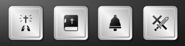 Set Hands in praying position, Holy bible book, Church bell and Crusade icon. Silver square button. Vector