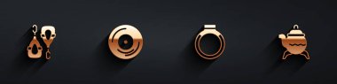 Set Earrings, Vinyl disk, Gold and Classic teapot icon with long shadow. Vector