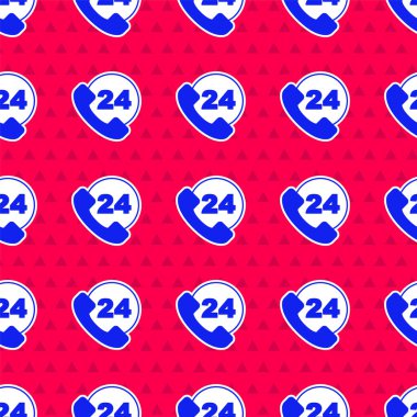 Mavi Telefon 24 saat boyunca kırmızı arka planda izole edilmiş ikon ikonu. Tüm gün müşteri destek merkezi. Tam zamanlı çağrı servisi. Vektör.