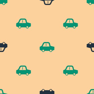 Green and black Toy car icon isolated seamless pattern on beige background.  Vector
