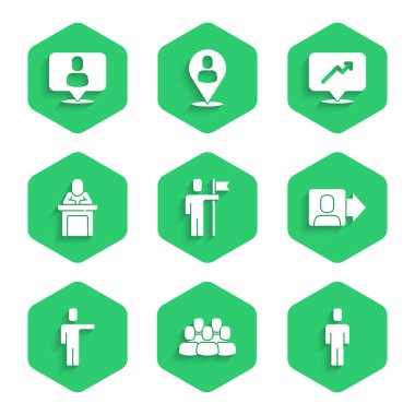 Set Team leader, Project team base, Head hunting, Speaker, Graph, schedule, chart and  icon. Vector