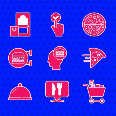 Set Online ordering and delivery, Cafe restaurant location, Shopping cart food, pizza, Covered with tray of, burger, Pizza and  icon. Vector