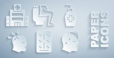 Set Pills in blister pack, Liquid antibacterial soap, Man having headache, High human body temperature, Constipation and Medical hospital building icon. Vector