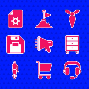 Set Megaphone, Shopping cart, Headphones, Archive papers drawer, Fountain pen nib, Floppy disk, Tie and Document settings icon. Vector