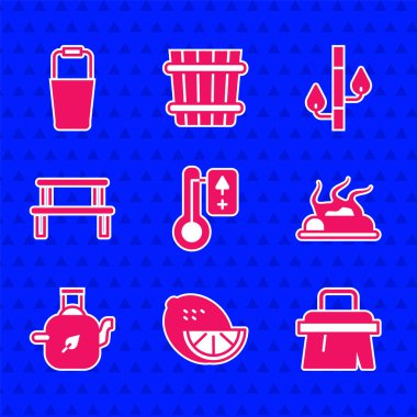 Set Sauna thermometer, Lemon, brush, Campfire, Teapot with leaf, wood bench, Bamboo and bucket icon. Vector