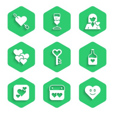 Set Key in heart shape, Calendar with, Heart, Bottle love potion, Romantic girl and Amour and arrow icon. Vector