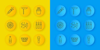 Set line Beer bottle, Firework, Festive confetti, Karaoke microphone, Birthday cake candles, rocket, Cake and Paper mustache stick icon. Vector