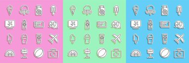Set line First aid kit, Plane, Speech bubble with airplane, Photo camera, Sunscreen spray bottle, Ice cream in waffle cone and Travel ticket icon. Vector