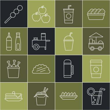 Set line Cocktail, Coffee cup to go, Fast street food cart, Paper glass with straw, Sauce bottle, Meatballs on wooden stick and Milkshake icon. Vector