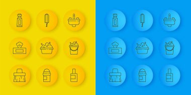 Set line Handle broom, Wet wipe pack, Basin with soap suds, Bottle for cleaning agent, Bucket, Tube of toothpaste, Washbasin water tap and Sanitary tampon icon. Vector