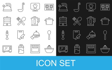 Set line Citrus fruit juicer, Spoon, Cooking pot, Chef hat with location, Crossed fork and spoon, Slow cooker, Kettle handle and Electric kettle icon. Vector
