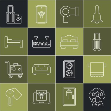 Set line Five stars rating review, Towel on hanger, Suitcase, Hair dryer, Signboard with text Hotel, room bed,  and  icon. Vector
