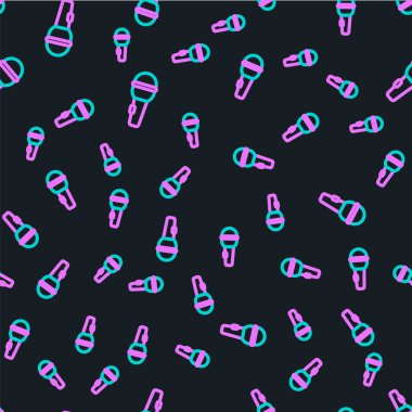 Çizgi Mikrofon simgesi siyah arkaplanda kusursuz desen izole etti. Radyodaki mikrofondan. Sözcü işareti. Vektör