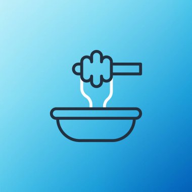 Line Honey dipper stick with bowl icon isolated on blue background. Honey ladle. Colorful outline concept. Vector