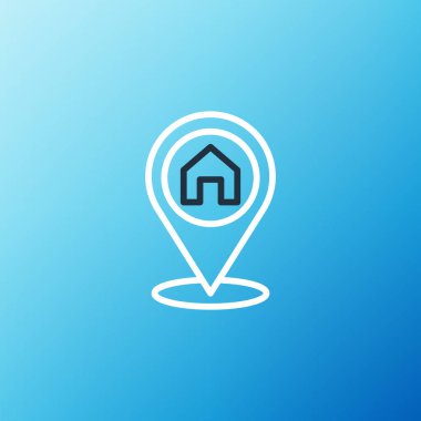 Mavi arkaplanda ev simgesi olan çizgi haritası işaretçisi. Ev konumu belirleyici sembol. Renkli taslak konsepti. Vektör