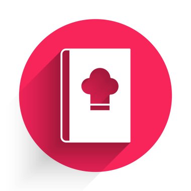 Beyaz Yemek Kitabı simgesi uzun gölgeli izole edilmiş. Yemek kitabı ikonu. Yemek tarifi kitabı. Çatal ve bıçak ikonları. Çatal bıçak sembolü. Kırmızı daire düğmesi. Vektör.