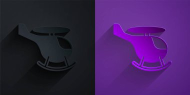 Paper cut Helicopter aircraft vehicle icon isolated on black on purple background. Paper art style. Vector.