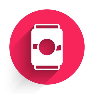 White Beer can icon isolated with long shadow. Red circle button. Vector.