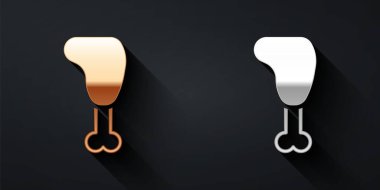 Altın ve gümüş tavuk budu ikonu siyah arka planda izole edildi. Tavuk budu. Uzun gölge tarzı. Vektör