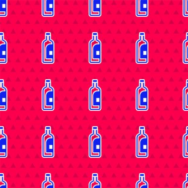 Blue Bottle of wine icon isolated seamless pattern on red background.  Vector