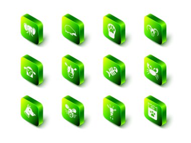 Set Hedgehog, Paw print, Head of goat or ram, Crab, Bag food, Fish skeleton, Giraffe head and Rat icon. Vector