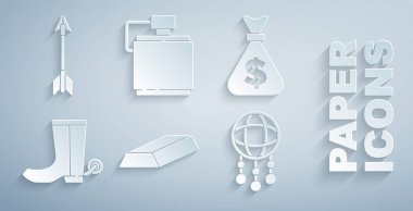 Set Gold bars, Money bag, Cowboy boot, Dream catcher with feathers, Canteen water bottle and Crossed arrows icon. Vector