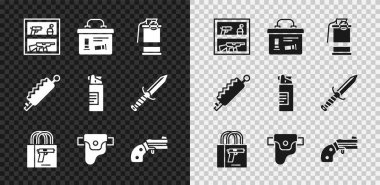 Set Hunting shop weapon, Military ammunition box, Hand smoke grenade, Buying gun pistol, Gun holster, Small revolver, Trap hunting and Weapons oil bottle icon. Vector