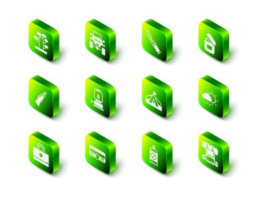 Set Off road car, Hunter knife, Lighter, Cloud with rain, Hiking backpack, Tourist tent, Spray against insects and Hunting cartridge belt icon. Vector